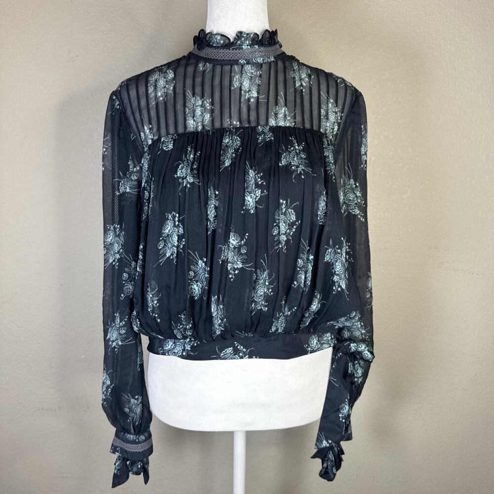 cinq a sept top Small Blue Floral Romantic Smocked Boho Cottagecore Prairie Silk